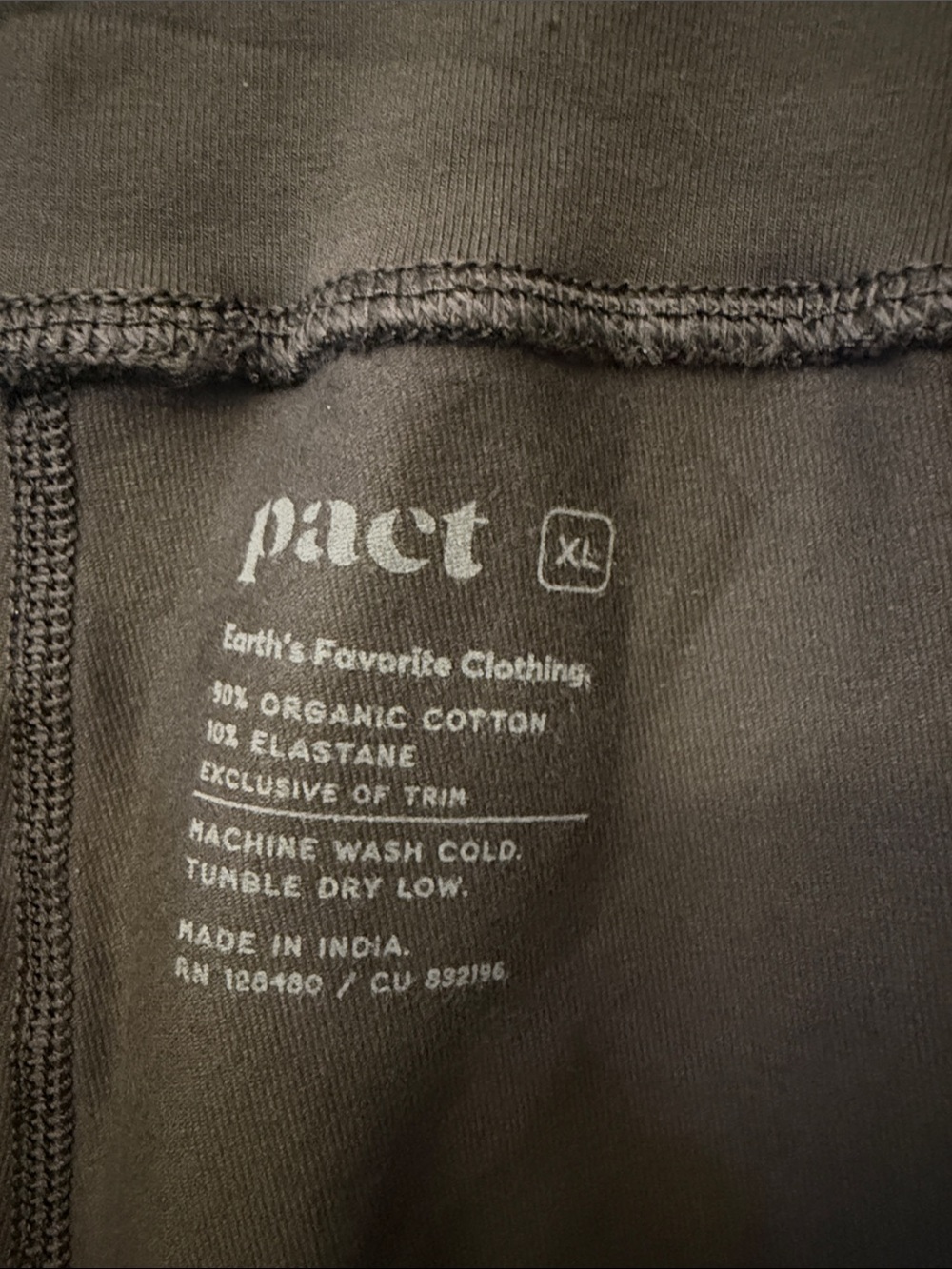 Pact dark gray workout pants with Printed Interior Label
